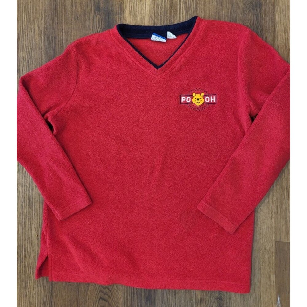 Disney Winnie the Pooh Red Fleece V-Neck Pullover Size M Embroidered Logo